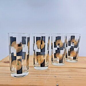 Atomic Starburst Black and Gold  Tumblers Glasses - 10 Ounces - MCM Set of 4 VTG